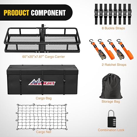 60" x 20"x 7.87" Folding Hitch Cargo Carrier Fits 2-Inch Hitch Receiver 500 Lbs Capacity Cargo Bag Cargo Net Ratchet Straps Hitch Lock Hitch Stabilizer for SUV Pickup RV Van, 2 Years Warranty