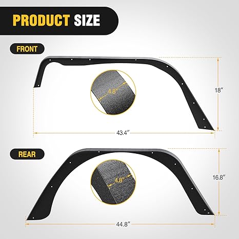 Off-Road Fender Flares Kit Compatible with 1997 1998 1999 2000 2001 2002 2003 2004 2005 2006 Wrangler TJ & LJ Heavy-Duty Solid Steel Black Textured Front Rear Flat 4 PCS