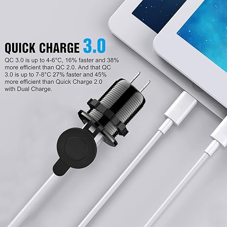 Dual USB Port QC 3.0 Fast Charging Hubs USB Charger Socket Power Outlet 2.1A & 2.1A x2 for Car Boat Marine RV Mobile with Wire Fuse DIY Kit with Lightly Blue LED, 2 years Warranty
