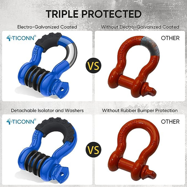 TICONN 2 Pack D Ring Shackle with 7/8" Screw Pin 57,000Ibs Break Strength, 3/4" Heavy Duty Shackles with Isolator & Washers for Tow Strap Winch Off Road Vehicle Recovery (Blue/Black)