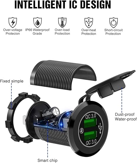 Dual USB Port QC 3.0 Fast Charging Hubs USB Charger Socket Power Outlet 2.1A & 2.1A x2 for Car Boat Marine RV Mobile with Wire Fuse DIY Kit with Lightly Blue LED, 2 years Warranty