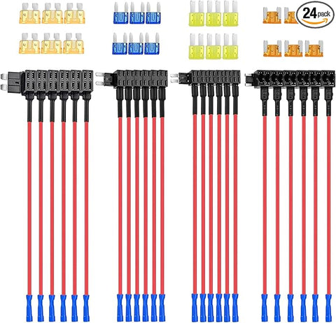 24 Pcs 12V Car Add-a-Circuit Fuse Tap Holder Standard Mini Micro2 and Low Profile Fuses Taps 4 Types ATO ATC ATM APM for Cars Trucks Boats