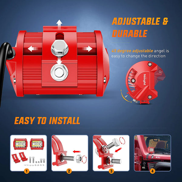 4" 60W Triple Row Red Case Spot/Flood LED Light Bars (Pair) | 16AWG Wire 3Pin Switch