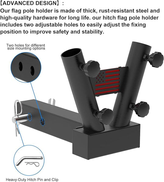 Hitch Mount Dual Flag Pole Holder Universal for Standard 2 inch Hitch Receivers - Compatible with Jeep, Truck, SUV, RV, Pickup, Camper Trailer, with Anti-Wobble Screw