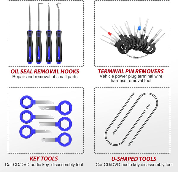 Trim Removal Tool 88Pcs, Auto Push Pin Bumper Retainer Clip Set Fastener Terminal Remover Tool Adhesive Cable Clips Kit Car Panel Radio Removal Auto Clip Pliers,