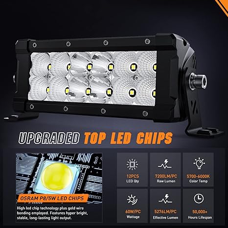 LED Light Bar 7.6 Inch 2PCS 60W Flood Spot Combo Beam 7200LM Osram P8/5W Chips Offroad Lighting IP68 LED Driving Light for Pickup Truck SUV ATV UTV Boat 4x4 Jeep