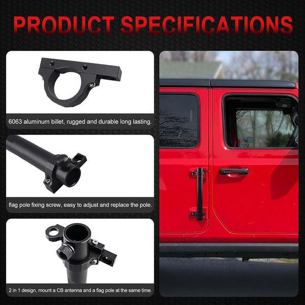 for Jeep Flag Mount, Flagpole Holder Bracket JL Flag Mount and Pole Tail Gate Flagpole Mount with CB Antenna Base Compatible with Jeep Wrangler JK JKU JL Unlimited 07-23