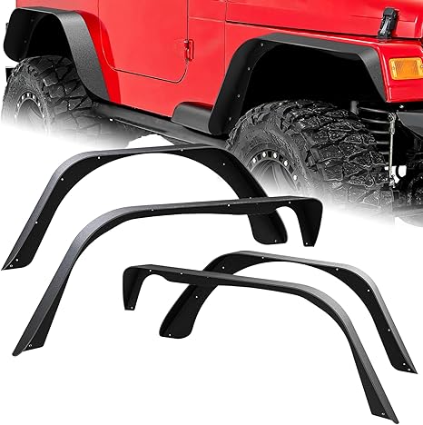 Off-Road Fender Flares Kit Compatible with 1997 1998 1999 2000 2001 2002 2003 2004 2005 2006 Wrangler TJ & LJ Heavy-Duty Solid Steel Black Textured Front Rear Flat 4 PCS