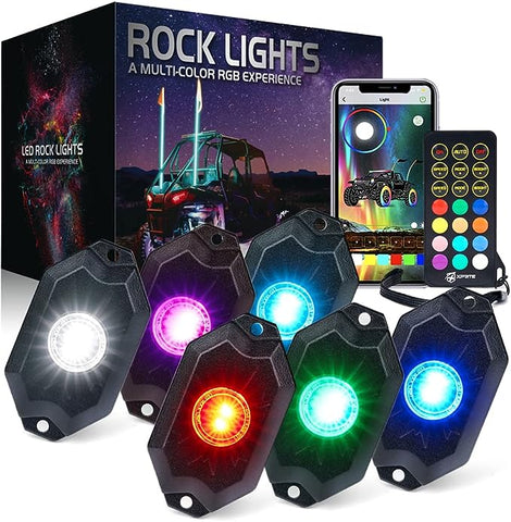Xprite RGBW LED Rock Lights Kit with Bluetooth & Wireless Remote Controller, Multicolor Cars Underglow, Wheel, Footwell Neon Light Kits, for Off-Road UTV ATV Trucks SUV Motorcycle Boats - 6 Pods