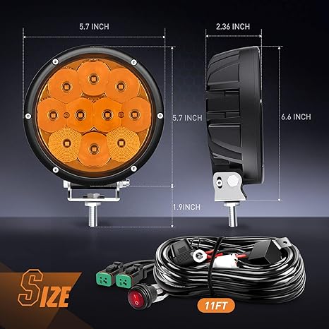 5.7 Inch Amber LED Driving Light Round 50W Yellow Fog Lights w/ 16AWG DT Connector Wiring Harness IP68 Spot Flood Combo LED Work Lights for Offroad ATV UTV Truck Tractor