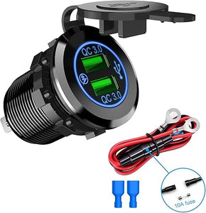 Dual USB Port QC 3.0 Fast Charging Hubs USB Charger Socket Power Outlet 2.1A & 2.1A x2 for Car Boat Marine RV Mobile with Wire Fuse DIY Kit with Lightly Blue LED, 2 years Warranty