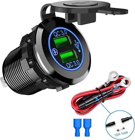 Dual USB Port QC 3.0 Fast Charging Hubs USB Charger Socket Power Outlet 2.1A & 2.1A x2 for Car Boat Marine RV Mobile with Wire Fuse DIY Kit with Lightly Blue LED, 2 years Warranty