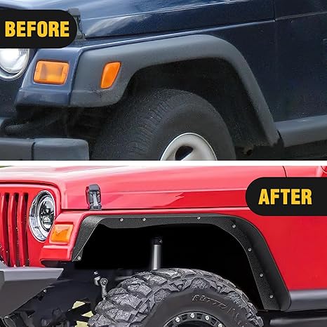 Off-Road Fender Flares Kit Compatible with 1997 1998 1999 2000 2001 2002 2003 2004 2005 2006 Wrangler TJ & LJ Heavy-Duty Solid Steel Black Textured Front Rear Flat 4 PCS