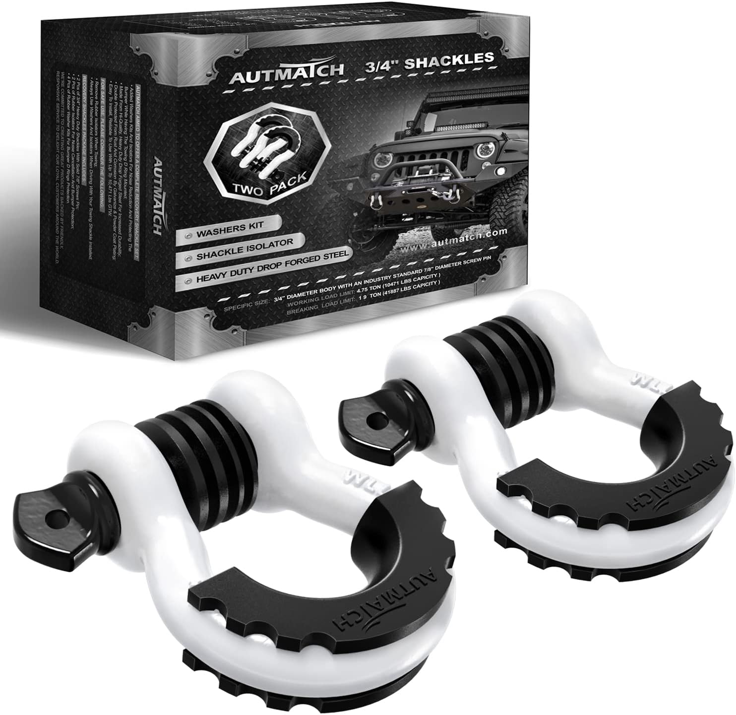 AUTMATCH D Ring Shackle 3/4" Shackles (2 Pack) 41,887Ibs Break Strength with 7/8" Screw Pin and Shackle Isolator Washers Kit for Tow Strap Winch Off Road Vehicle Recovery White & Black