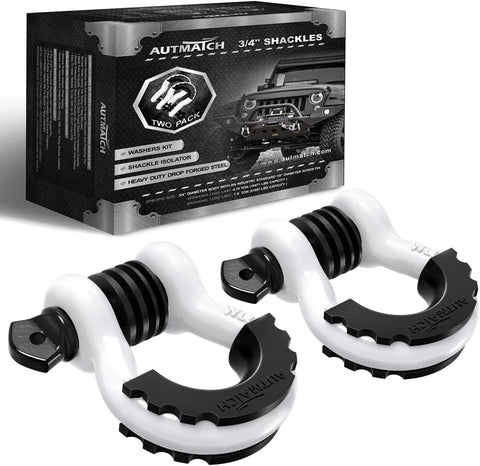 AUTMATCH D Ring Shackle 3/4" Shackles (2 Pack) 41,887Ibs Break Strength with 7/8" Screw Pin and Shackle Isolator Washers Kit for Tow Strap Winch Off Road Vehicle Recovery White & Black