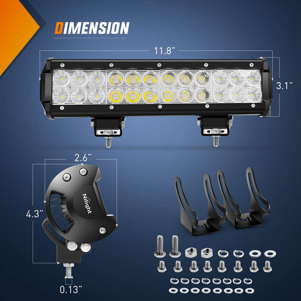 12" 72W Double Row Spot/Flood Led Light Bar | Horizontal Tube Clamp Mount | 12FT Wire 3Pin Switch