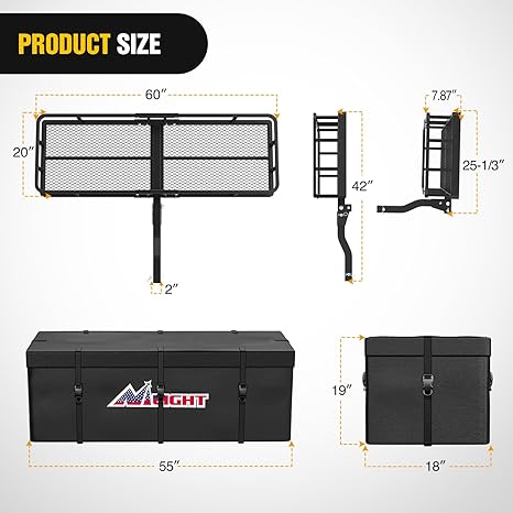 60" x 20"x 7.87" Folding Hitch Cargo Carrier Fits 2-Inch Hitch Receiver 500 Lbs Capacity Cargo Bag Cargo Net Ratchet Straps Hitch Lock Hitch Stabilizer for SUV Pickup RV Van, 2 Years Warranty