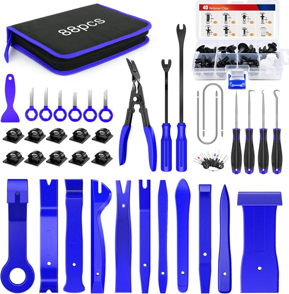 Trim Removal Tool 88Pcs, Auto Push Pin Bumper Retainer Clip Set Fastener Terminal Remover Tool Adhesive Cable Clips Kit Car Panel Radio Removal Auto Clip Pliers,