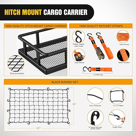 60" x 20"x 7.87" Folding Hitch Cargo Carrier Fits 2-Inch Hitch Receiver 500 Lbs Capacity Cargo Bag Cargo Net Ratchet Straps Hitch Lock Hitch Stabilizer for SUV Pickup RV Van, 2 Years Warranty