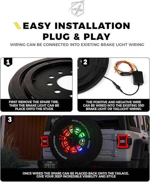RGB Spare Tire Brake Light with Dual Control (RF & Bluetooth), Color-Changing 3rd LED Rear Wheel Lights, Dual Ring Third Tail Lamp Compatible with 2018-2025 Jeep Wrangler JL/JLU