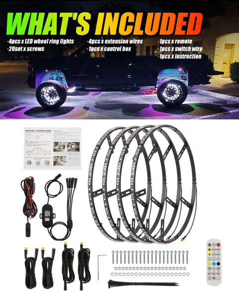 (4PCS/SET) 17" RGB LED WHEEL RING LIGHTS MAGIC DREAM COLOR NEON RIM LIGHT WITH APP & RF REMOTE CONTROL