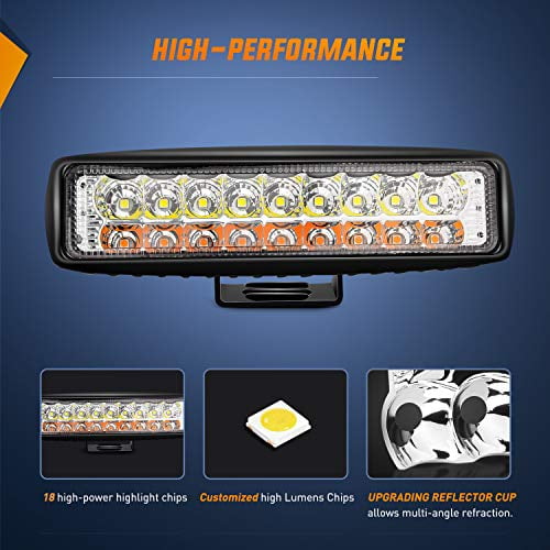 15020F-B 2PCS 54W White/Amber Lights Bar 6 Inch Flood Fog Road Boat Driving Led Work SUV Jeep Lamp, 2 Years Warranty