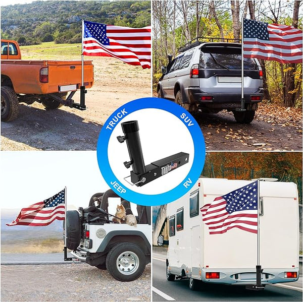Tanfix Foldable Hitch Mount Flagpole Holder | All Metal Heavy- Duty, Fits Standard 2" Trailer Hitch, Compatible with Jeep, Truck, SUV, RV, Pickup, Camper Trailer (ONE Flagpole)
