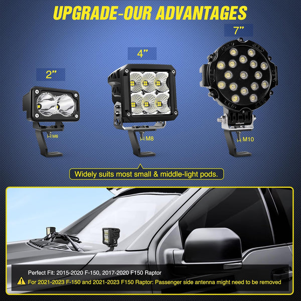 Ditch Light Bracket Hood Mount Brackets for Front A-Pillar Auxiliary Offroad LED Pod Light Work Lights on F150 Raptor 2017-2023 F-150 2015-2023