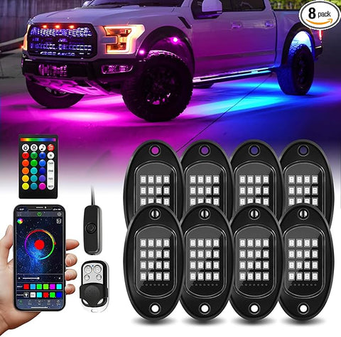 8 Pods RGB LED Rock Lights with APP/RF Remote Control High Brights Waterproof Underglow Multicolor Zone Neon Exterior Rock Lights for 12V Trucks Jeep UTV ATV RZR Offroad Pickup SUV Accessory