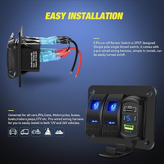 2 Gang Rocker Switch Panel Blue Backlit with PD Type C and USB Charger Voltmeter Waterproof 12V 24V DC Rocker Switch with Night Glow Stickers for Car Trucks Boats RVs