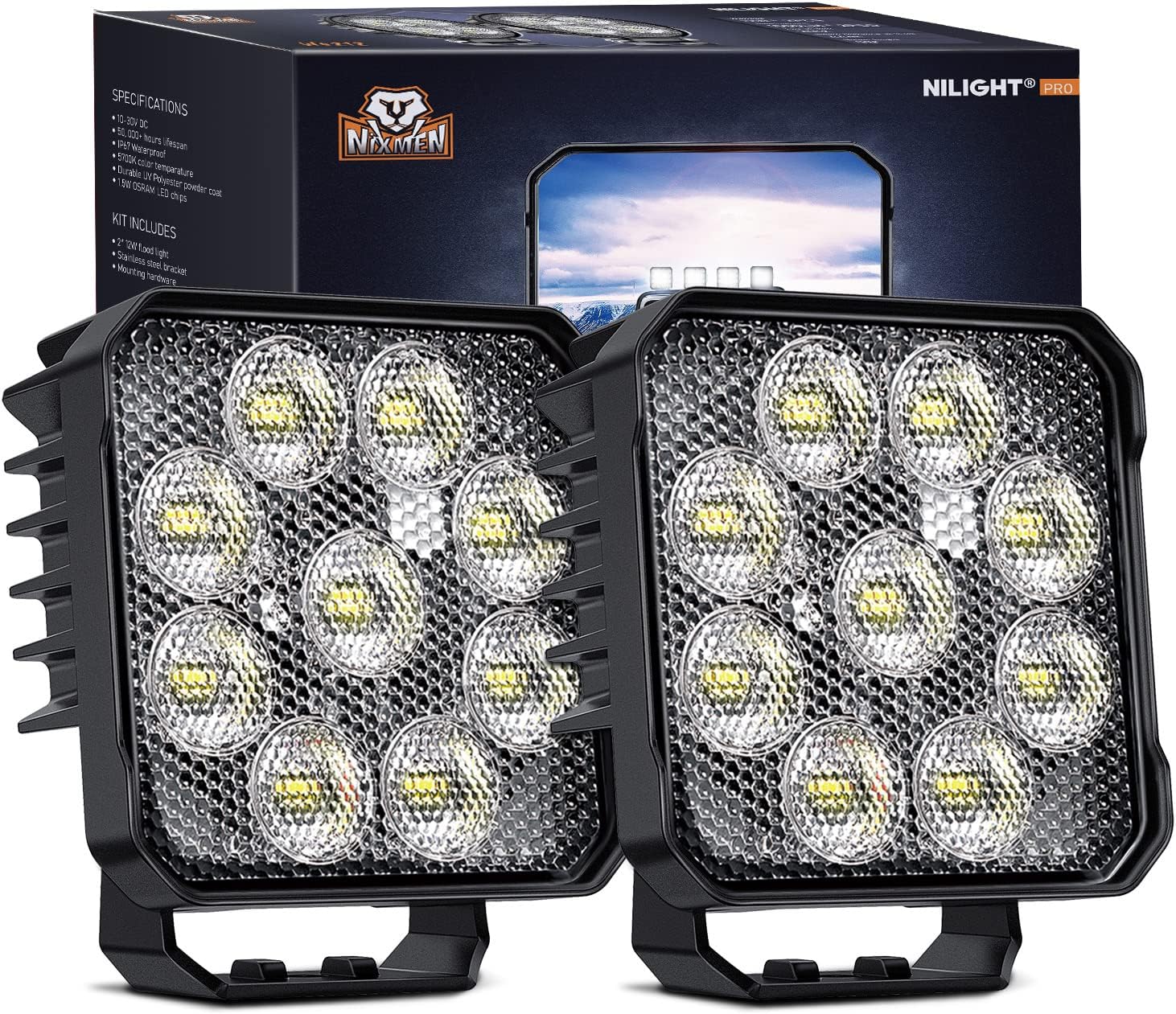 2PCS 4Inch Led Pods Square 3370LM Built-in EMC Work Light 90° Flood Beam Angle for Offroad Lights Side Light Rear Back-Up Light for Tractor Truck Motorcycle Boat ATV UTV