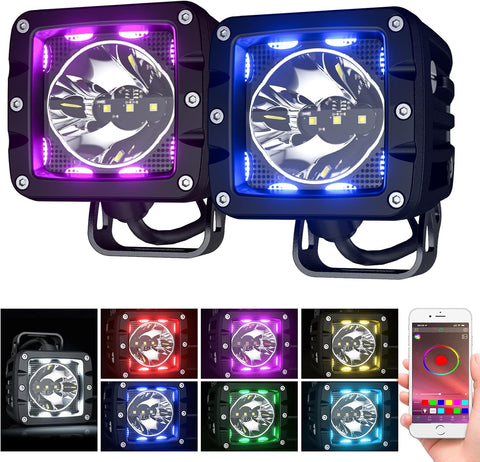 2PCS 3 Inch RGB LED Pods Light, Multicolor 30W Super Bright Spot Lights, IP68&IP69K Waterproof, APP Control