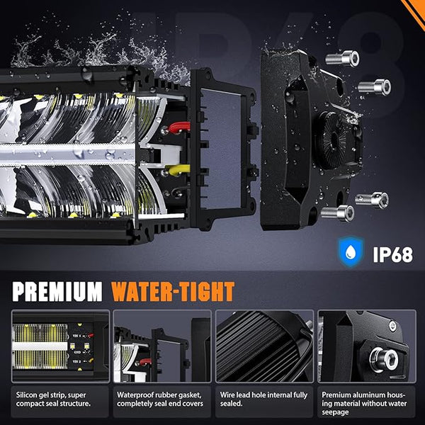 16 Inch LED Light Bar DRL 120W 12400LM Anti-Glare Flood Spot Offroad LED Driving Light IP68 w/ 16AWG DT Connector Wiring Harness for Pickup Truck SUV ATV UTV Boat 4x4 Jeep