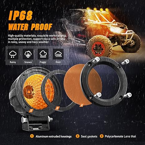 Amber Led Light Pods 2PCS 3Inch Flood Round Led Offroad Fog Light Built-in EMC Driving Lights Auxiliary Light for Motorcycle SUV ATV Truck Boat Tractor Forklift