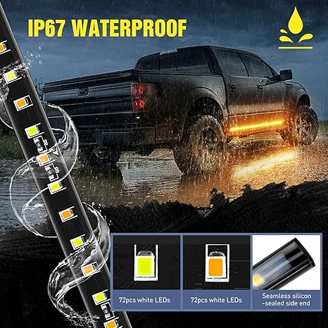 Truck Running Board Lights 2PCS 60 Inch LED Side Maker White Courtesy Light & Sequential Amber Turn Signal Lighting Strips Kit for Trucks Pickup SUV