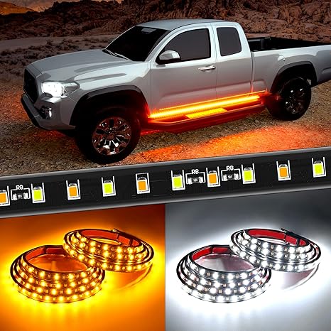 Truck Running Board Lights 2PCS 60 Inch LED Side Maker White Courtesy Light & Sequential Amber Turn Signal Lighting Strips Kit for Trucks Pickup SUV