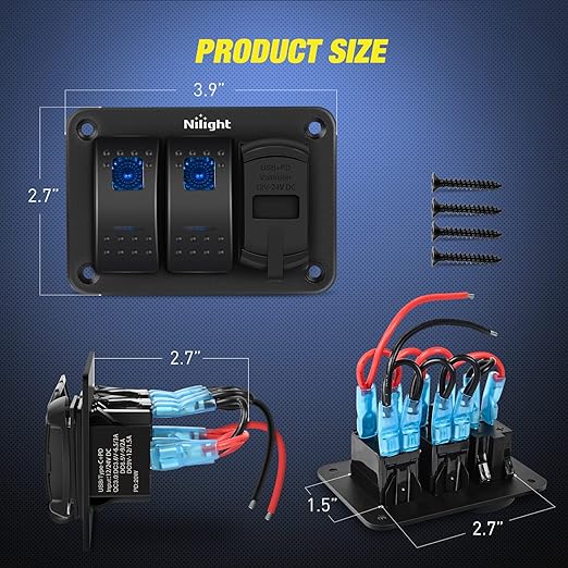 2 Gang Rocker Switch Panel Blue Backlit with PD Type C and USB Charger Voltmeter Waterproof 12V 24V DC Rocker Switch with Night Glow Stickers for Car Trucks Boats RVs