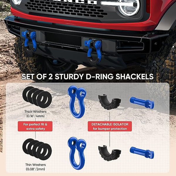 TICONN 2 Pack D Ring Shackle with 7/8" Screw Pin 57,000Ibs Break Strength, 3/4" Heavy Duty Shackles with Isolator & Washers for Tow Strap Winch Off Road Vehicle Recovery (Blue/Black)