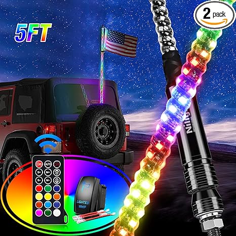 2PCS 5FT Spiral RGB Led Whip Light w/RGB Chasing/Dancing Light RF Remote Control Lighted Antenna Whips for Can-am ATV UTV RZR Polaris Dune Buggy 4 Wheeler Offroad Jeep Truck