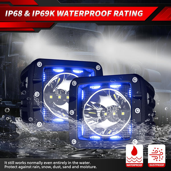2PCS 3 Inch RGB LED Pods Light, Multicolor 30W Super Bright Spot Lights, IP68&IP69K Waterproof, APP Control