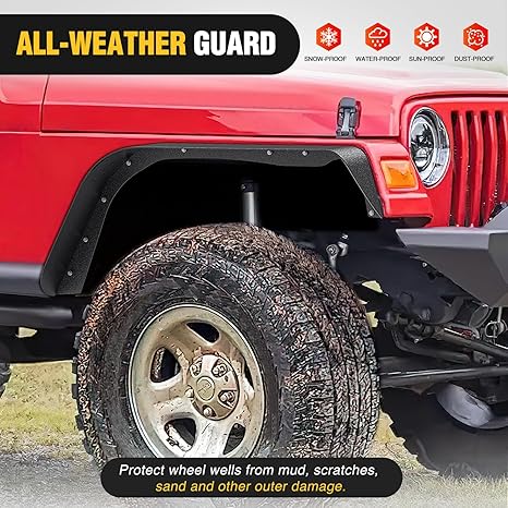 Off-Road Fender Flares Kit Compatible with 1997 1998 1999 2000 2001 2002 2003 2004 2005 2006 Wrangler TJ & LJ Heavy-Duty Solid Steel Black Textured Front Rear Flat 4 PCS