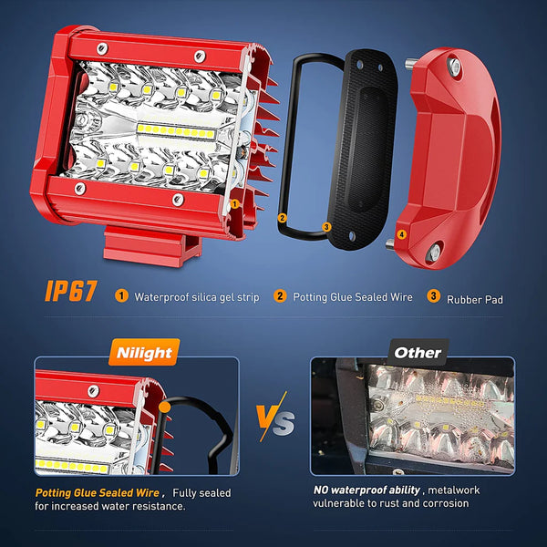 4" 60W Triple Row Red Case Spot/Flood LED Light Bars (Pair) | 16AWG Wire 3Pin Switch