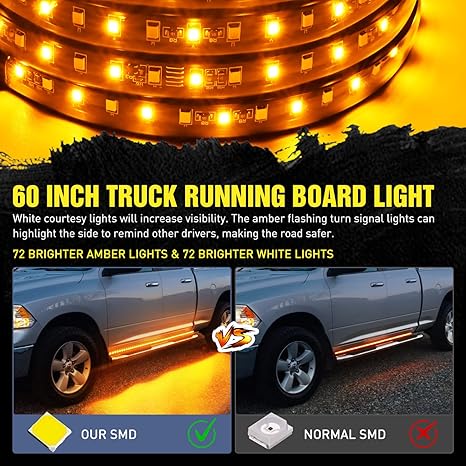 Truck Running Board Lights 2PCS 60 Inch LED Side Maker White Courtesy Light & Sequential Amber Turn Signal Lighting Strips Kit for Trucks Pickup SUV