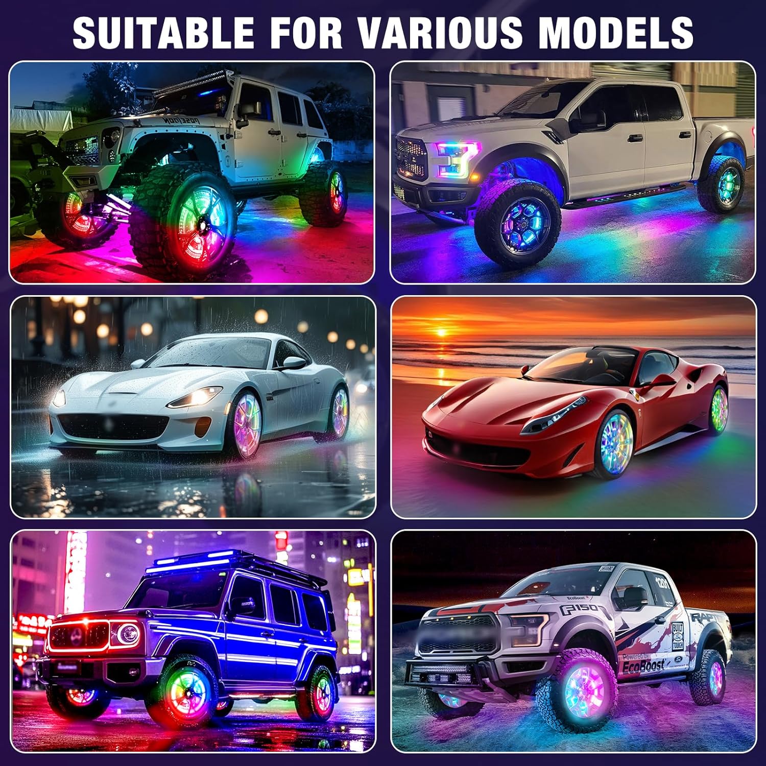4PCS 14" Double Sided RGB LED Wheel Ring Lights with APP & Remote Control, 178+DIY Dynamic Modes w/Turn Signal Braking and Reverse Function Wheel Lights for Trucks Pickups Cars Offroad
