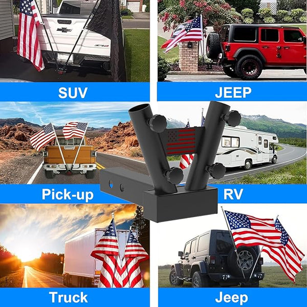 Hitch Mount Dual Flag Pole Holder Universal for Standard 2 inch Hitch Receivers - Compatible with Jeep, Truck, SUV, RV, Pickup, Camper Trailer, with Anti-Wobble Screw