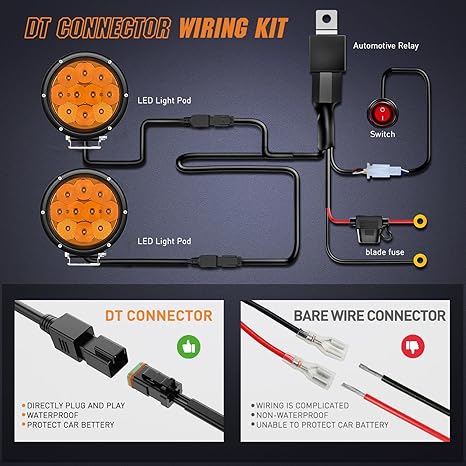 5.7 Inch Amber LED Driving Light Round 50W Yellow Fog Lights w/ 16AWG DT Connector Wiring Harness IP68 Spot Flood Combo LED Work Lights for Offroad ATV UTV Truck Tractor
