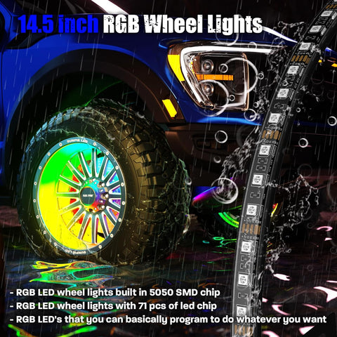 Wheel Lights for Truck, 14.5inch Wheel RGB Lights w/Sequential & Color Changing for Car Rim 17inch and 18inch Vehicle Waterproof Wheel Ring Light w/APP/RF Control DC 12V for Truck SUV Car