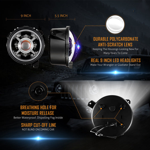 (2PCS/SET) 9 INCH RGB HEADLIGHTS REPLACEMENT BLUETOOTH CONTROL FOR JEEP WRANGLER JL JLU SPORT RUBICON SAHARA GLADIATOR JT 2019 2020 W/ DRL
