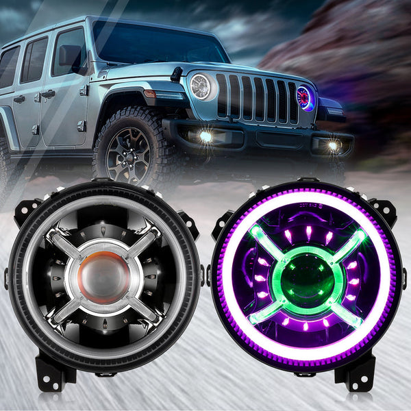 (2PCS/SET) 9 INCH RGB HEADLIGHTS REPLACEMENT BLUETOOTH CONTROL FOR JEEP WRANGLER JL JLU SPORT RUBICON SAHARA GLADIATOR JT 2019 2020 W/ DRL