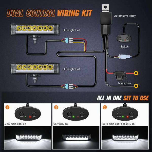 6.5" 20W 2089LM Side Shooter DRL Spot/Flood LED Light Bars (Pair) | 16AWG DT Wire